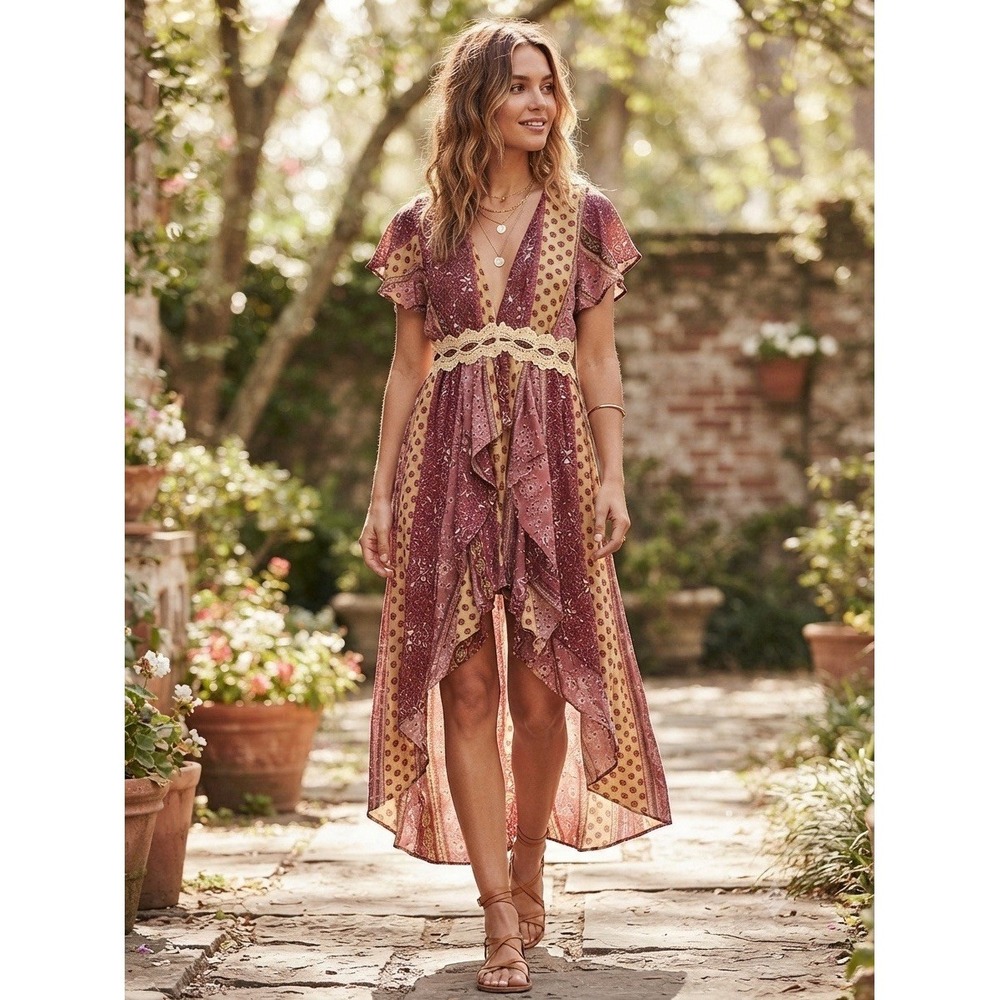 Boho Chic Sheer High-Low Floral Print Dress with Crochet Detail Size M